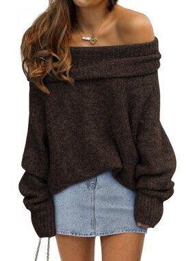 〽️Women Coffee Brown Off Shoulder Loose Oversized Knit Pullover Sweater Fall Top